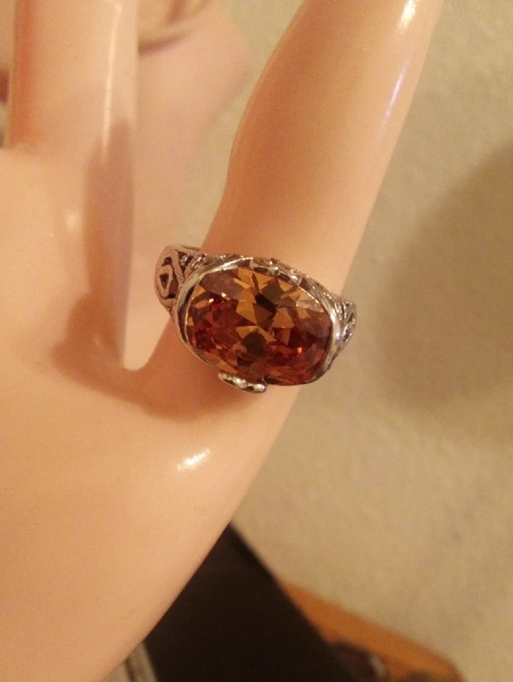 Vintage-Inspired Silver Ring with Amber-Colored Gemstone
